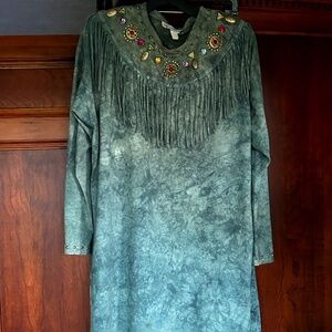 Visage Ladies Fashion  Dye Green Cotton,Beaded and Fringed at top, with Pants